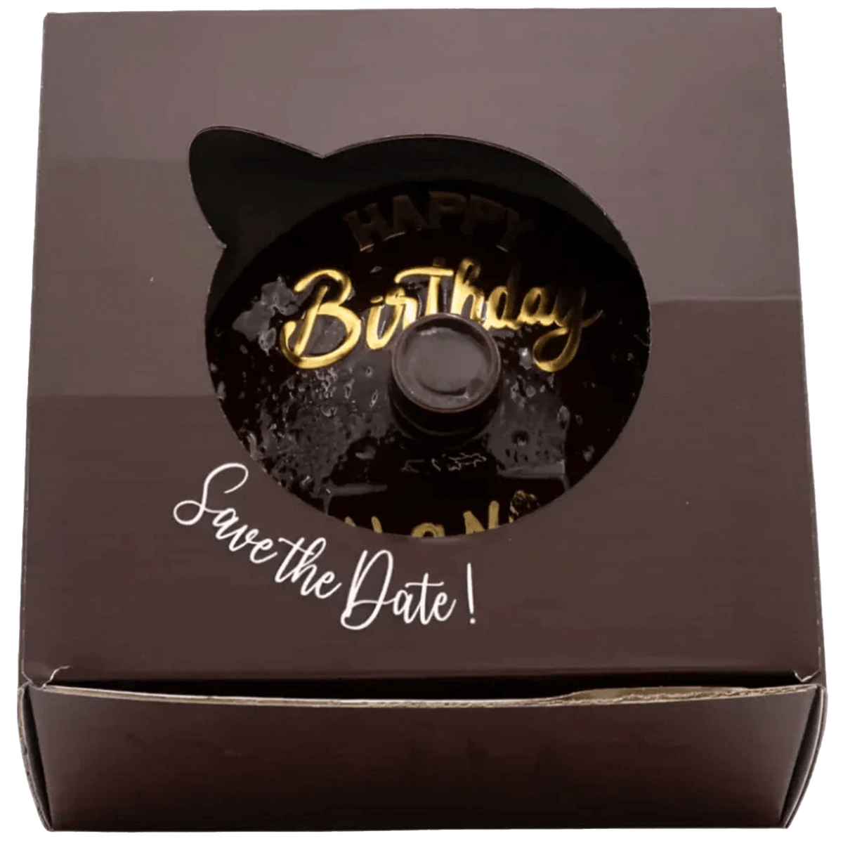 Happy Birthday chocolate cake in a stylish gift box with a 'Save the Date!' message.