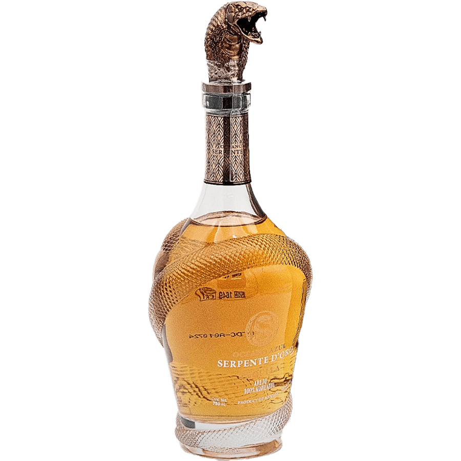 Serpente D'oro Añejo Tequila bottle with detailed serpent design and golden liquid, aged for 24 months.
