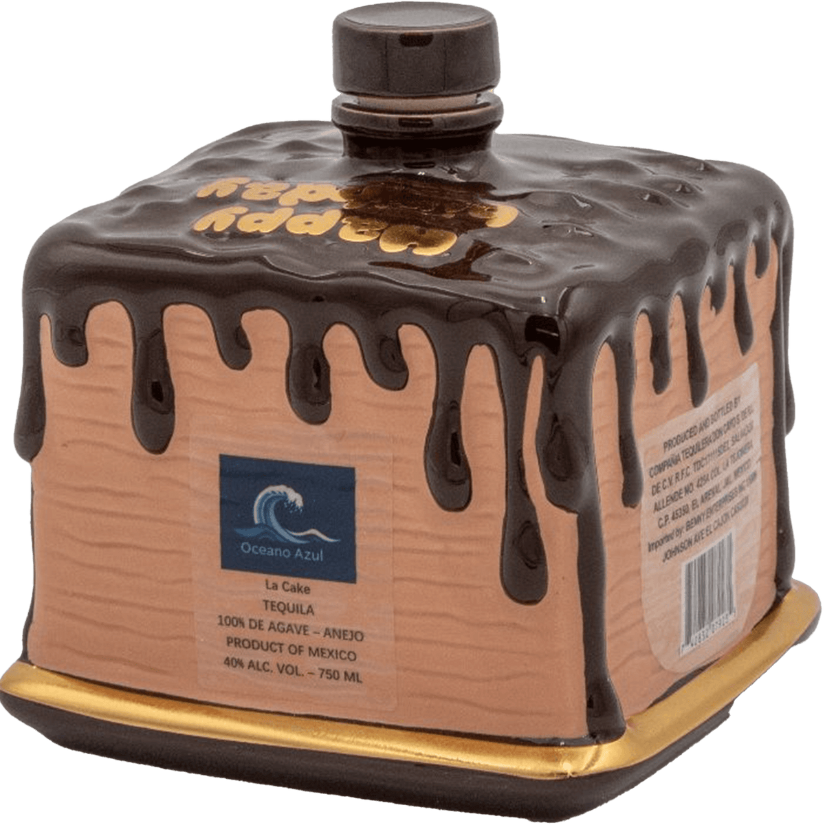 Oceano Azul La Cake Añejo tequila in a unique ceramic cake-shaped bottle, showcasing rich Mexican heritage.