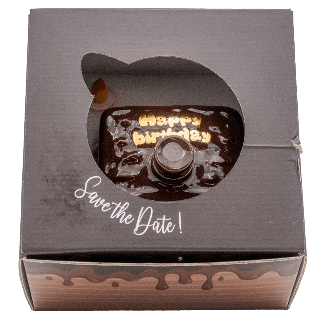 Chocolate cake in a box with a birthday message and a candle, perfect for celebrations and special occasions.