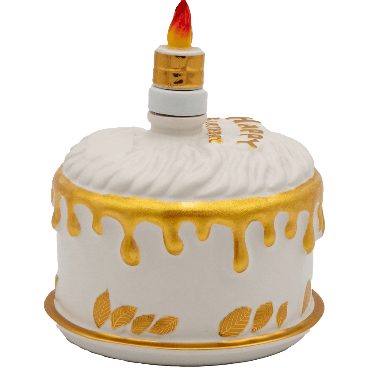 Ceramic cake-shaped bottle of Oceano Azul White La Cake Añejo Tequila, featuring golden drip design and candle.