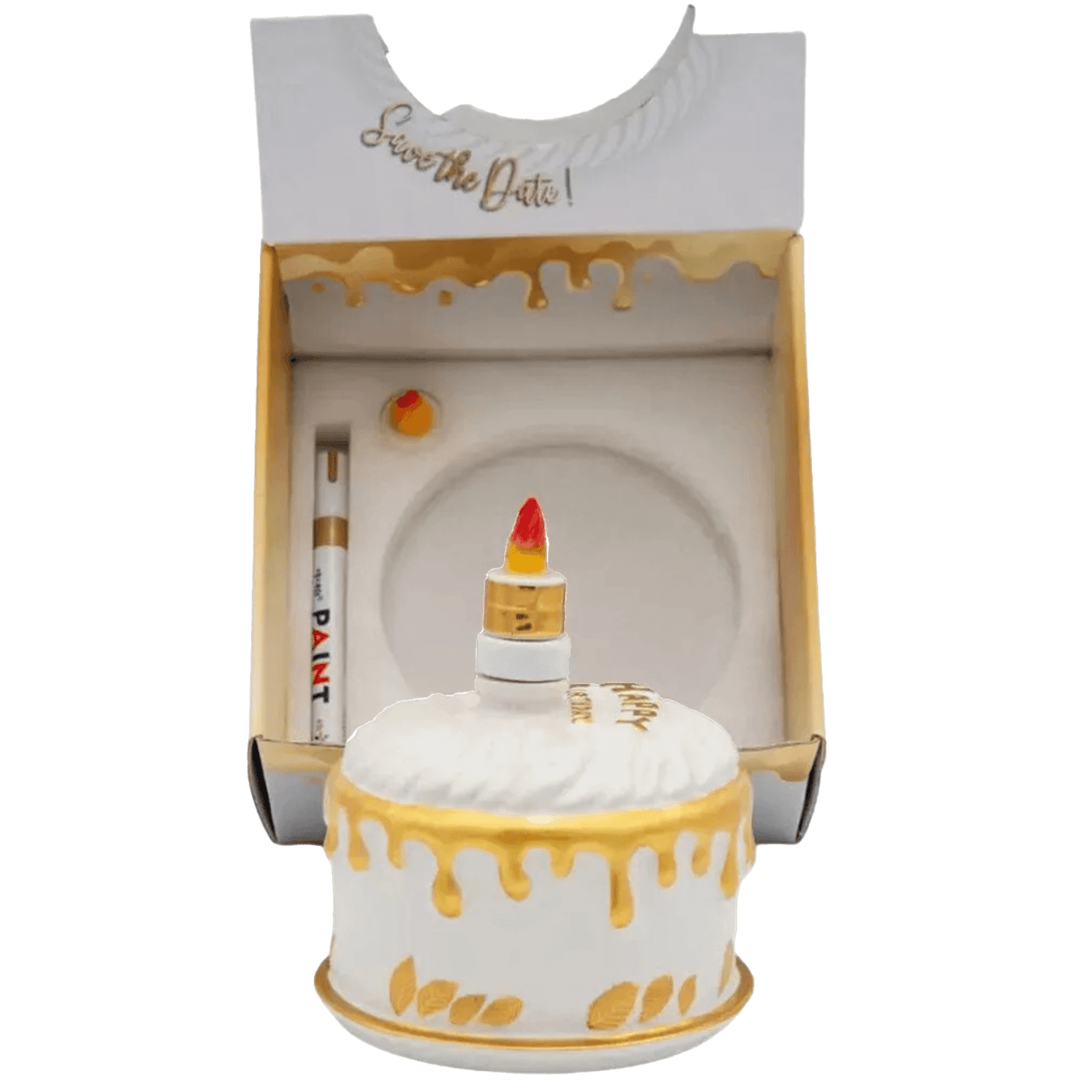 Save the Date cake with candle and marker in decorative box for celebration announcements.