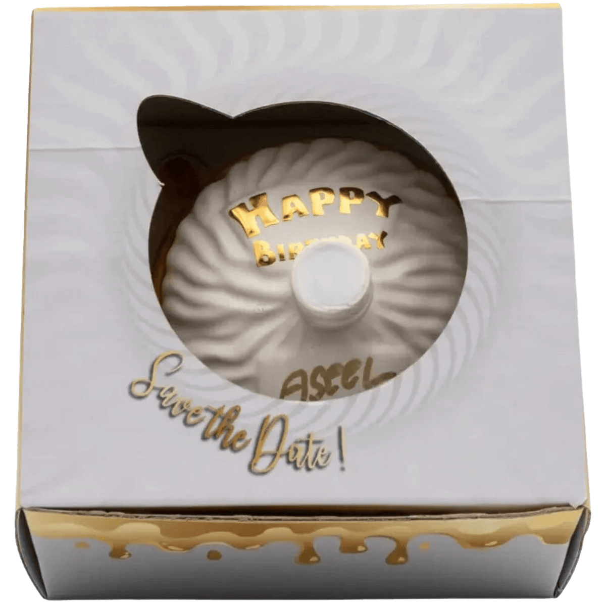Decorative birthday cake with a message, featuring golden accents and a festive box.