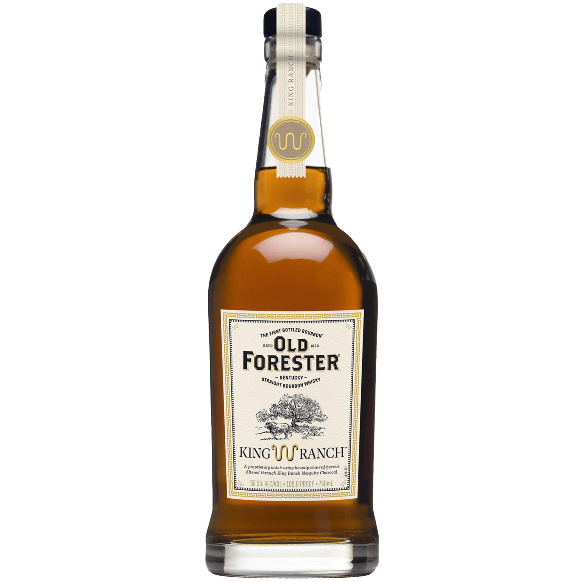 Old Forester King Ranch Edition Bourbon bottle showcasing rich amber color and elegant label, 105 proof, crafted in Kentucky.