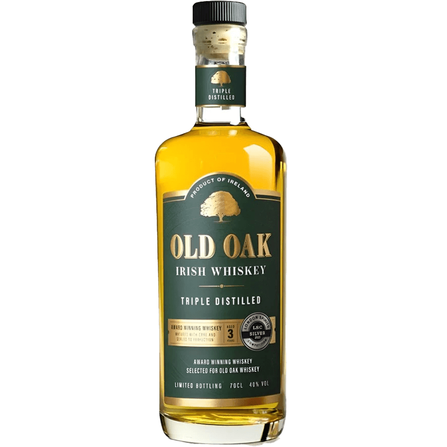 Old Oak Irish Whiskey, aged 3 years, 700ml, triple distilled, showcasing its premium quality and craftsmanship.