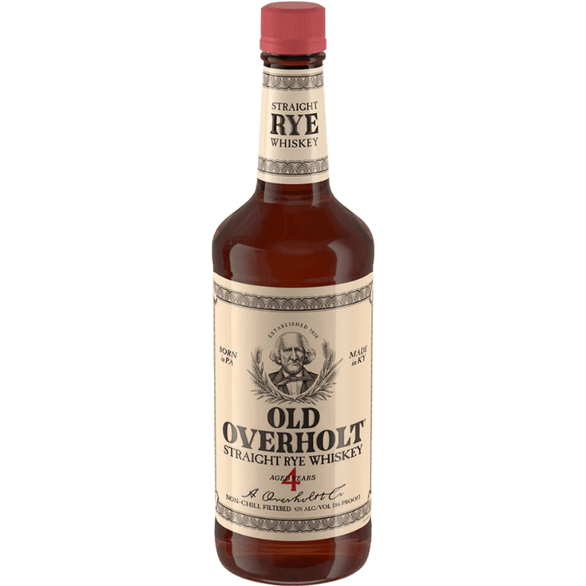 Old Overholt 4 Year Straight Rye Whiskey 1L bottle showcasing rich color and traditional label design.