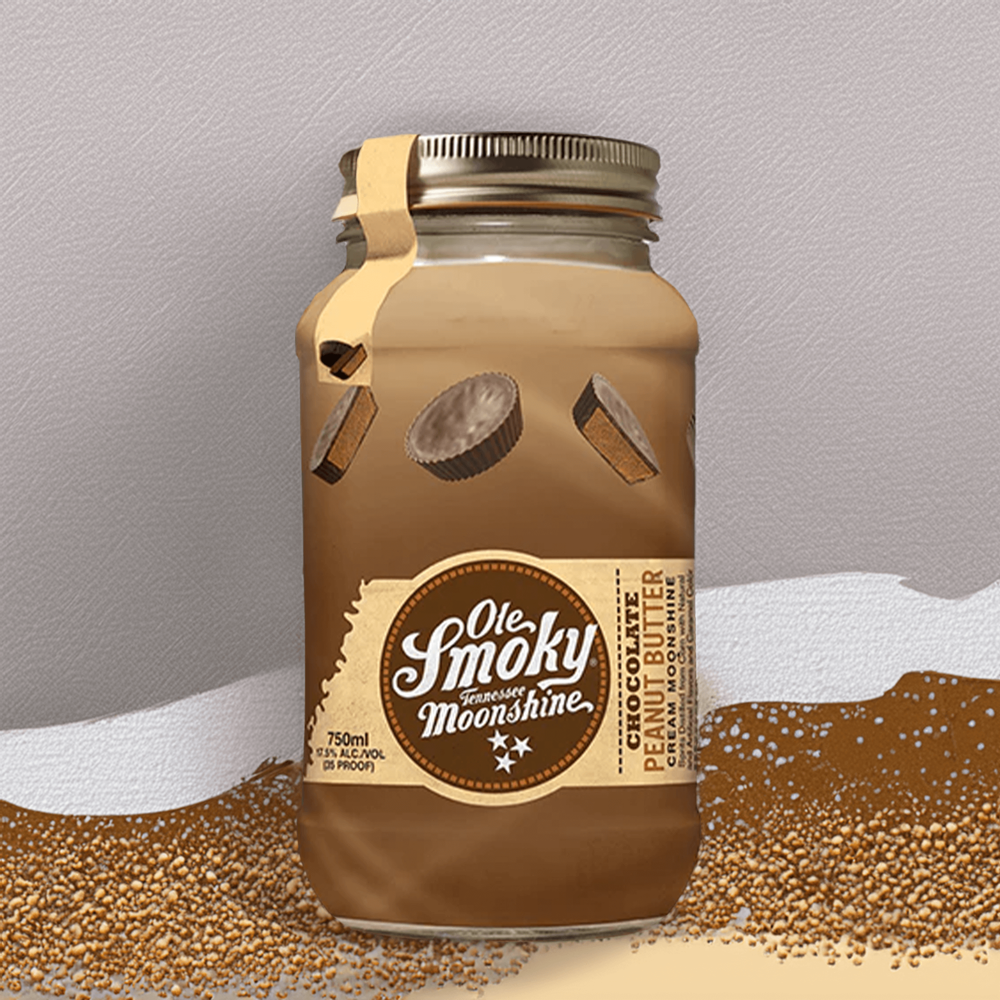 Ole Smoky Chocolate Peanut Butter Cream jar, featuring sweet chocolate and creamy peanut butter, 750ml, 35 proof.