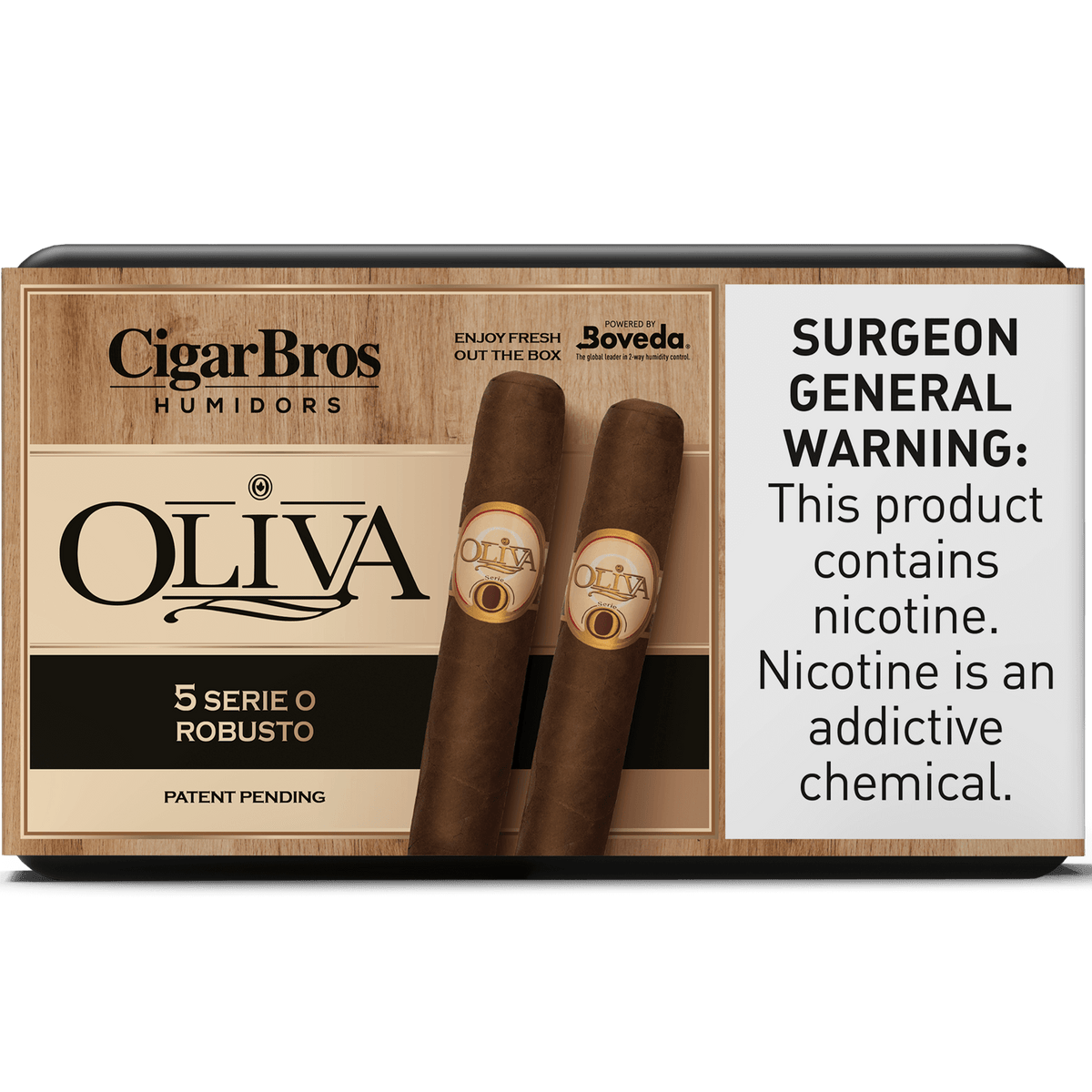 Oliva Serie O Robusto cigars pack by CigarBros with surgeon general warning on packaging.