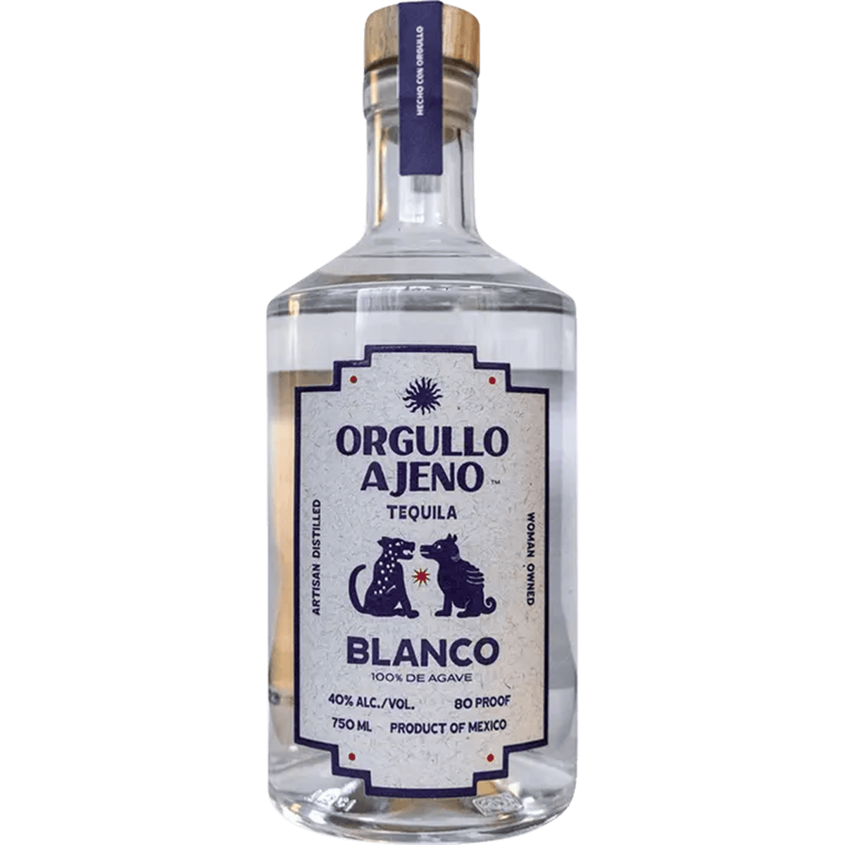 Bottle of Orgullo Ajeno Blanco Tequila, 100% blue agave, 750 ml, showcasing its crisp, clean flavor and vibrant spirit.