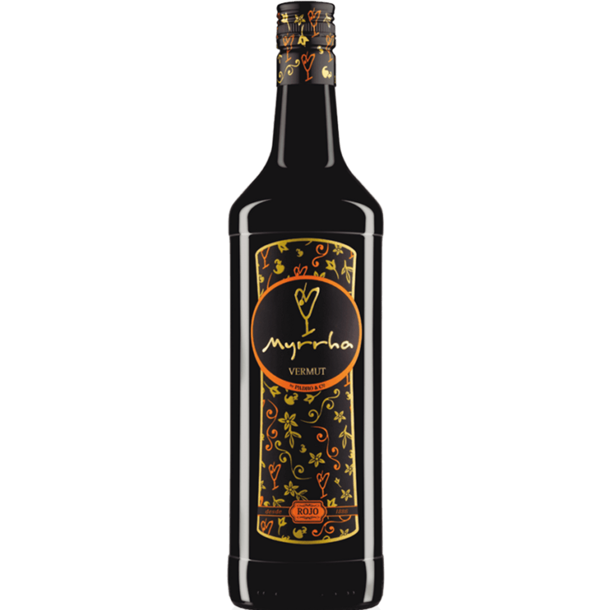 Bottle of Padró & Co. Myrrha Rojo Vermut showcasing rich aromas and striking design, 15% ABV.