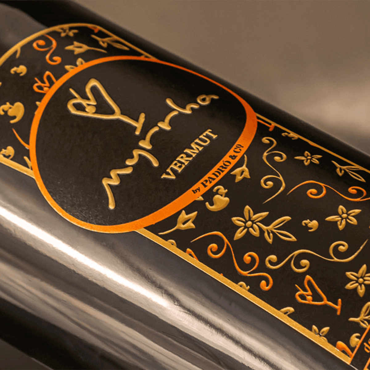 Close-up of Padró & Co. Myrrha Rojo vermouth bottle featuring elegant label design.