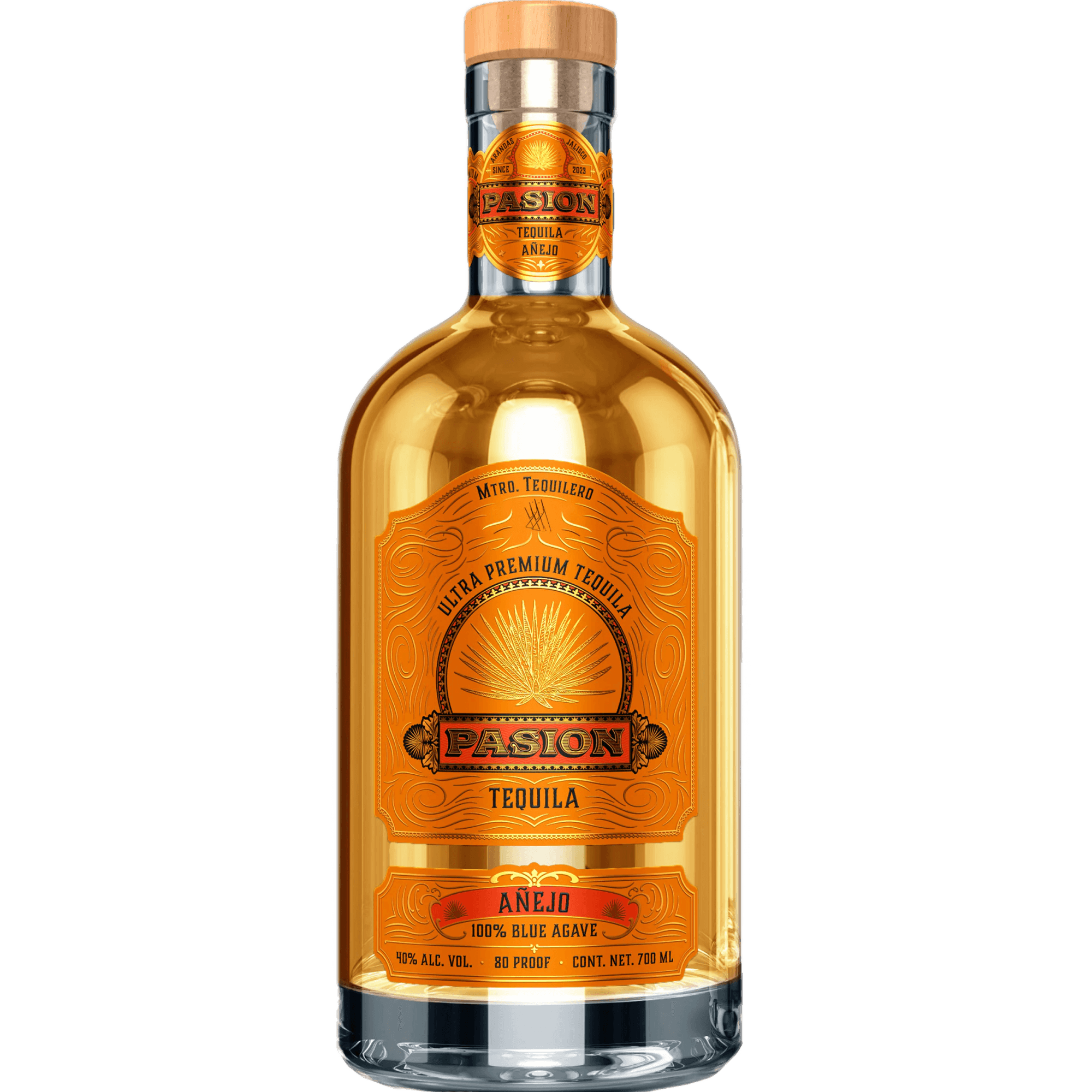 Bottle of Pasión Añejo Tequila 700ml, ultra premium 100% Blue Agave with a rich amber hue.
