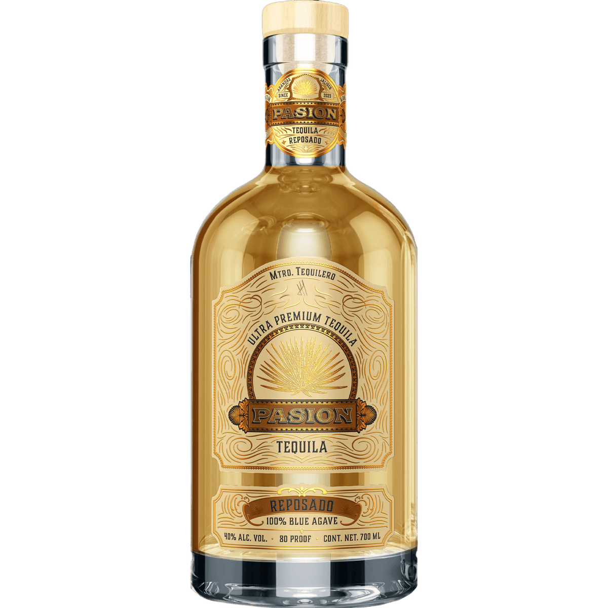 Pasión Reposado Tequila 700ml bottle showcasing its premium design and rich golden color.