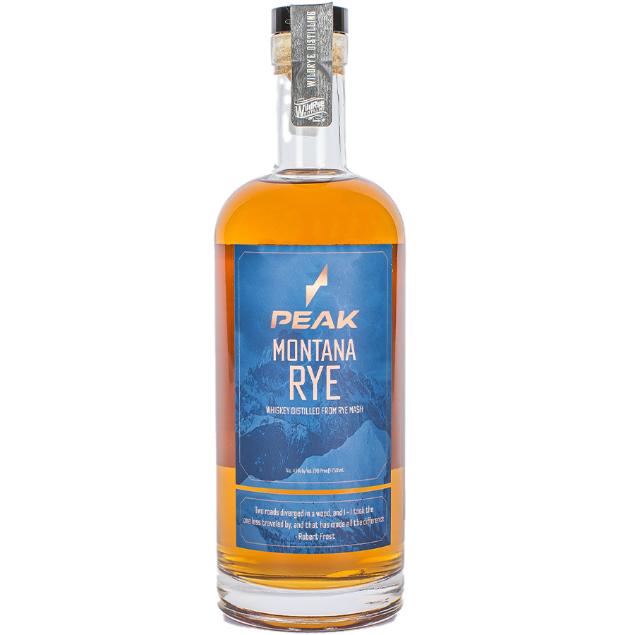 Peak Montana Rye whiskey bottle, crafted from native grasses and aged in bourbon barrels.