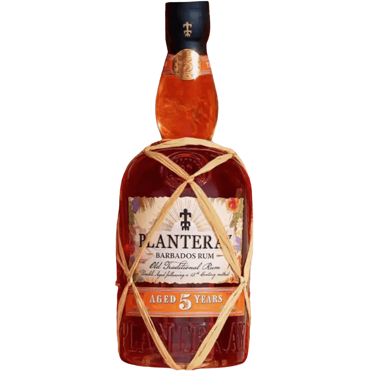 Planteray Barbados 5 Year Rum bottle wrapped in cane, showcasing artisan craftsmanship and rich, aged rum.