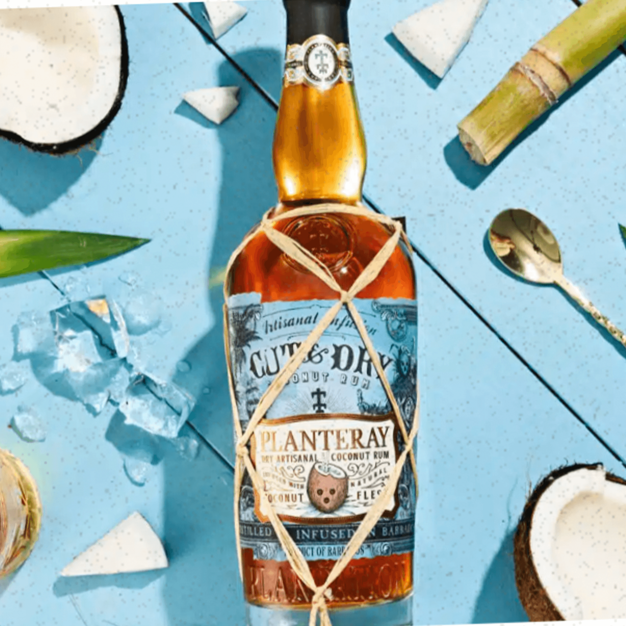 Planteray Cut & Dry Coconut Rum bottle with coconuts and natural elements on a blue background.