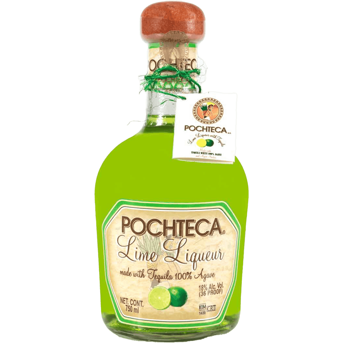 Pochteca Lime Tequila Liqueur bottle, vibrant green with lime flavor, crafted in Mexico for refreshing cocktails.
