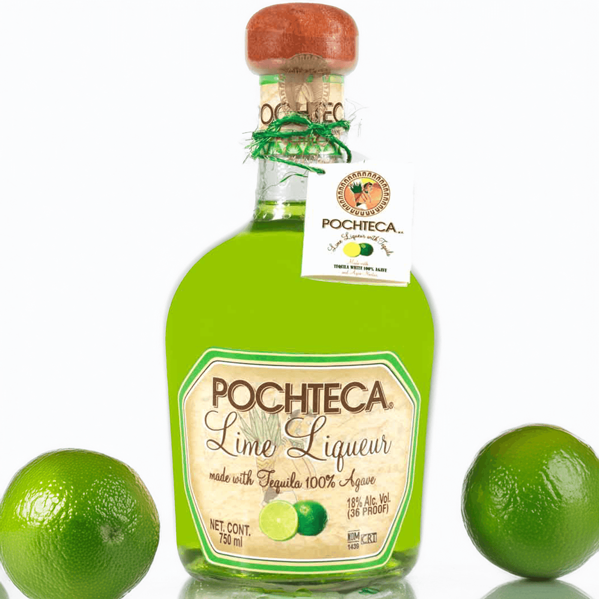 Pochteca Lime Tequila Liqueur bottle surrounded by fresh limes, showcasing its vibrant green color and premium quality.