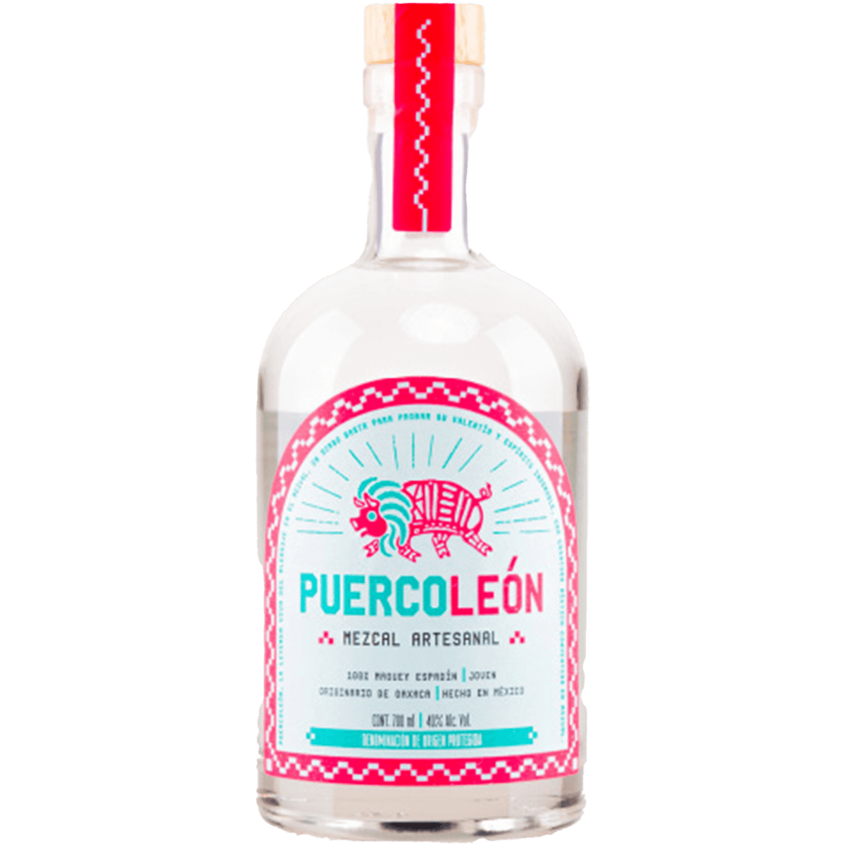 PuercoLeón Espadin Joven Mezcal 700ml bottle with vibrant label representing artisanal distillation from Oaxaca.