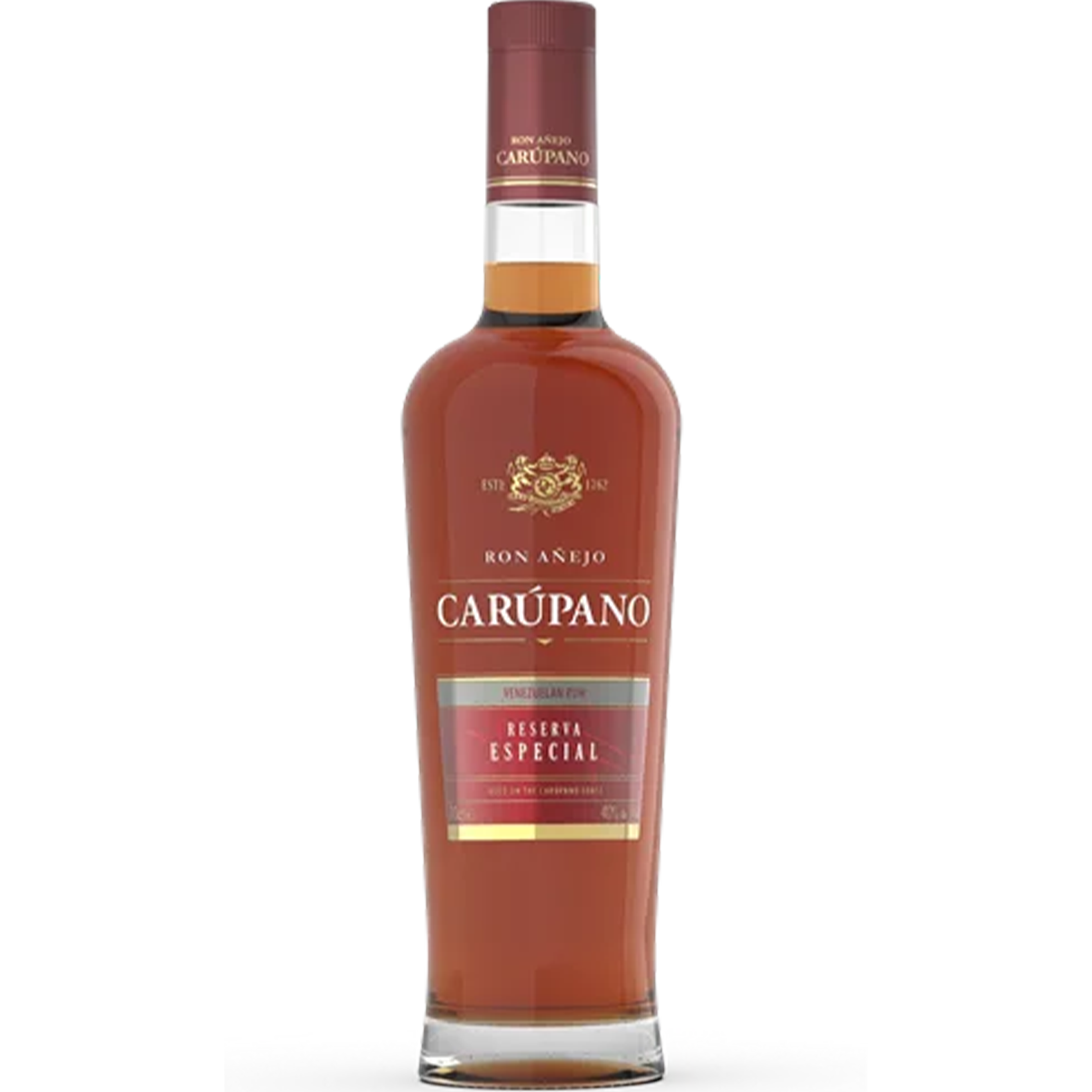 Ron Carupano Riserva Especial 6 Year Rum bottle with amber color, showcasing its premium aged craftsmanship.
