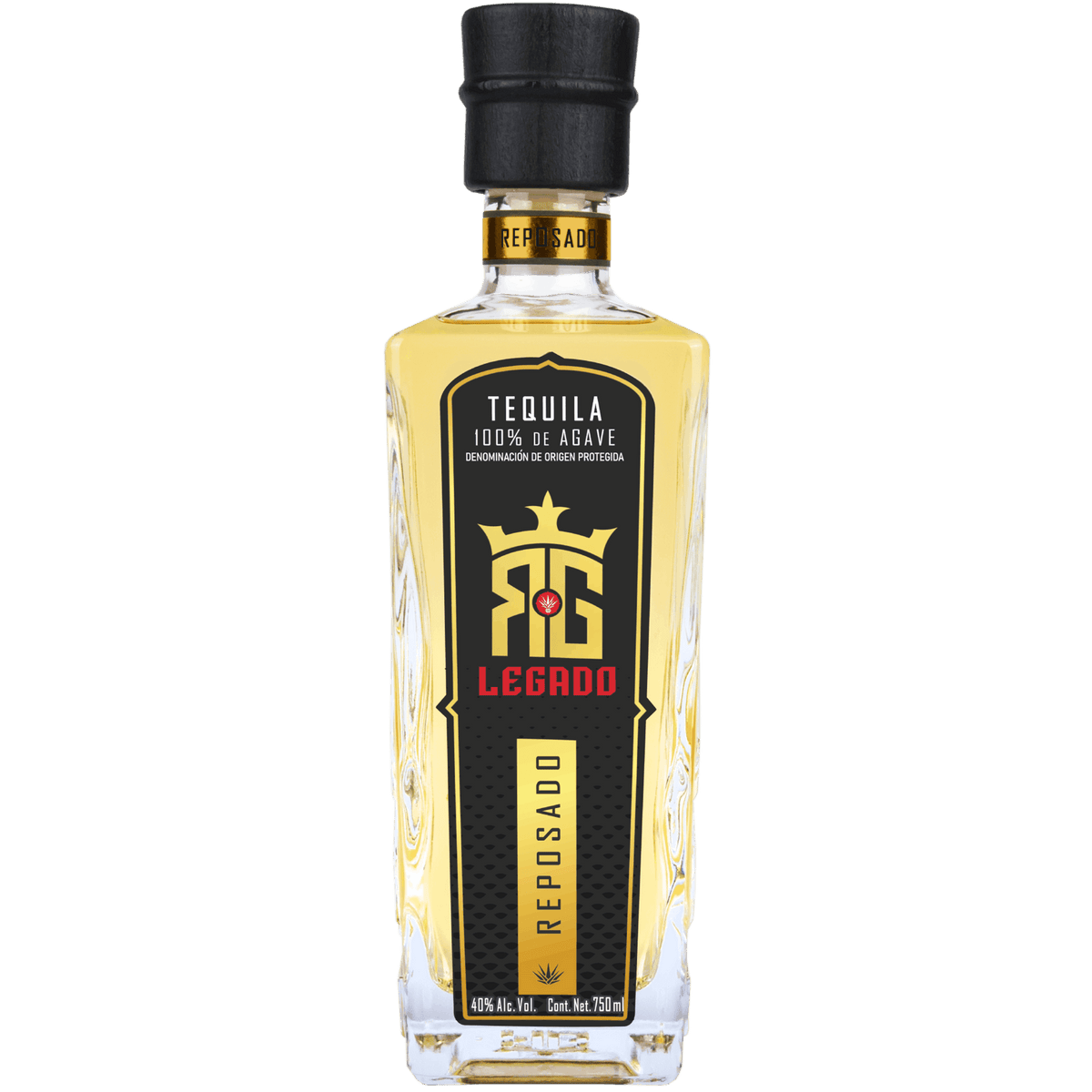 RG Legado Reposado Tequila bottle, 100% agave, 80 proof, showcasing its golden hue and elegant design.