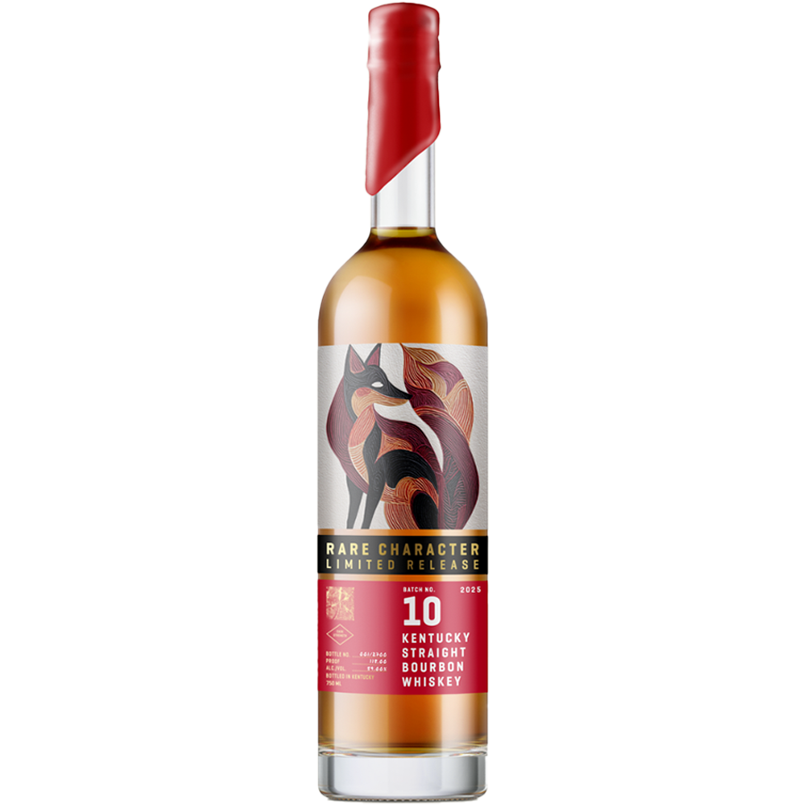 Bottle of Rare Character Kentucky Straight Bourbon Batch No. 10, 2025 Limited Release with artistic label.
