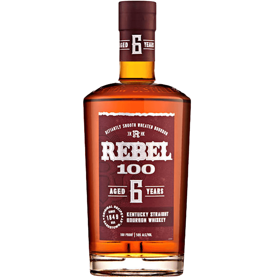 Rebel 100 6 Year Kentucky Straight Bourbon Whiskey bottle showcasing wheated bourbon recipe and 100 proof.