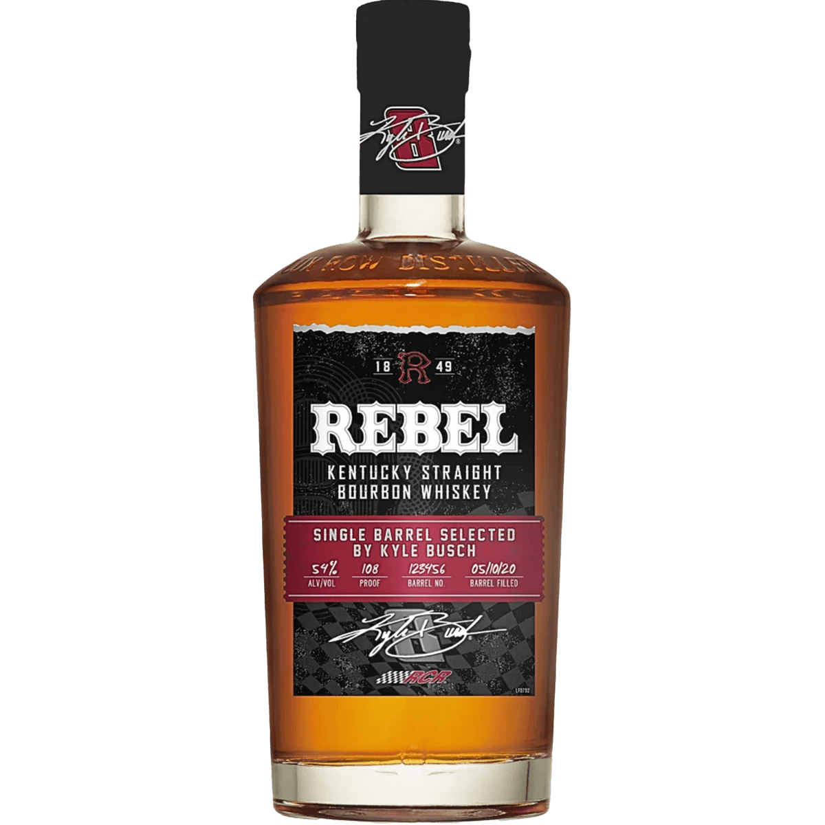 Rebel Bourbon Kyle Busch 108 Single Barrel Bourbon Whiskey bottle with signature, 108 proof from Bardstown, Kentucky.