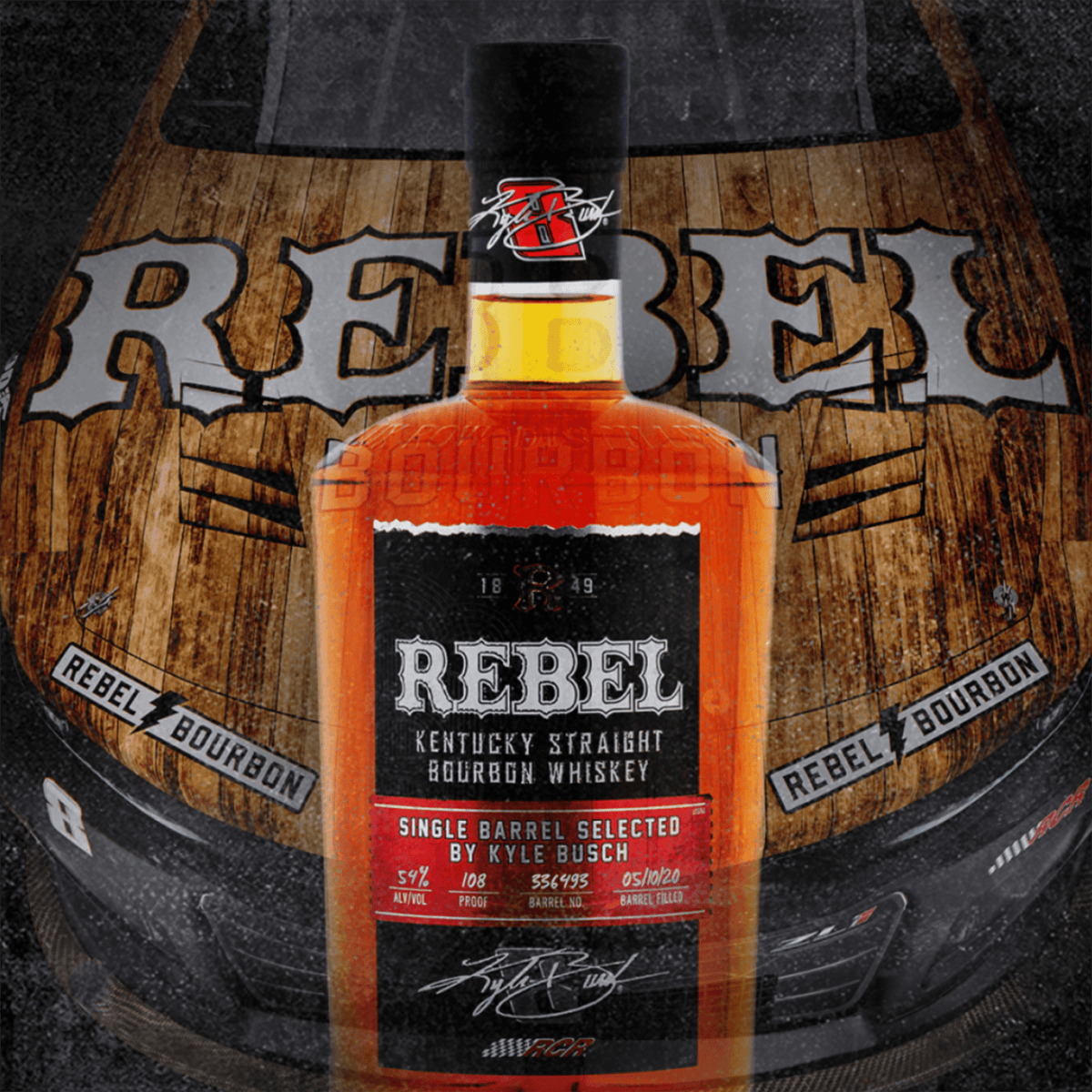 Rebel Bourbon Kyle Busch 108 Single Barrel Bourbon bottle against RCR-themed backdrop, 108 proof, limited edition.