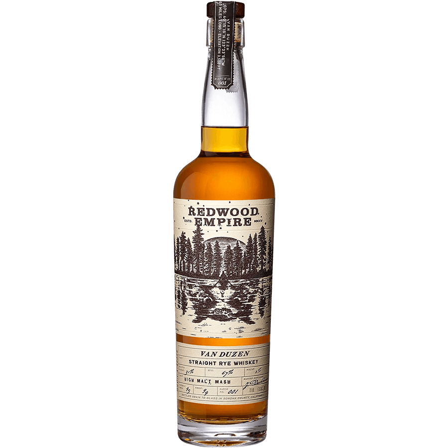 Redwood Empire Van Duzen Straight Rye 700ml whiskey bottle, showcasing its natural amber color and nature-inspired design.