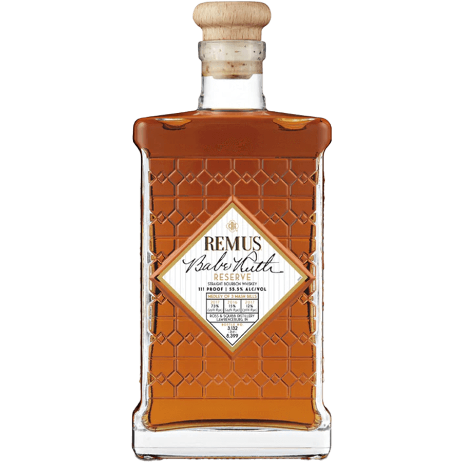 Remus Babe Ruth 2025 Reserve Straight Bourbon Whiskey bottle, 111 proof, aged 8-9 years, collector's edition.