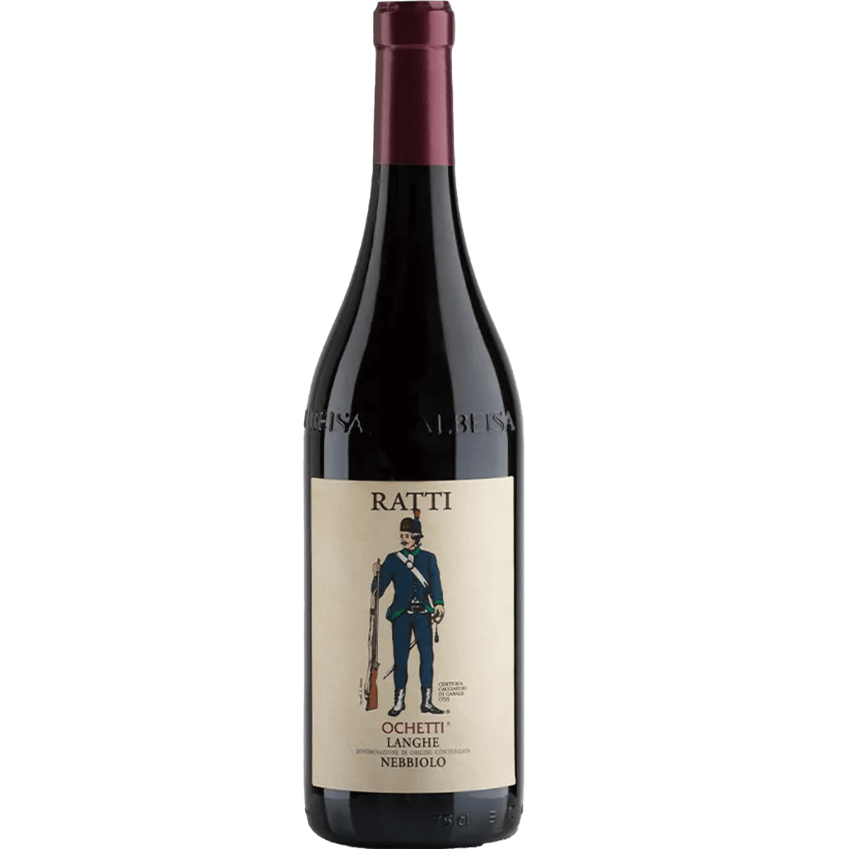 Renato Ratti Ochetti Langhe Nebbiolo DOC 2022 wine bottle with distinctive label featuring historical figure.