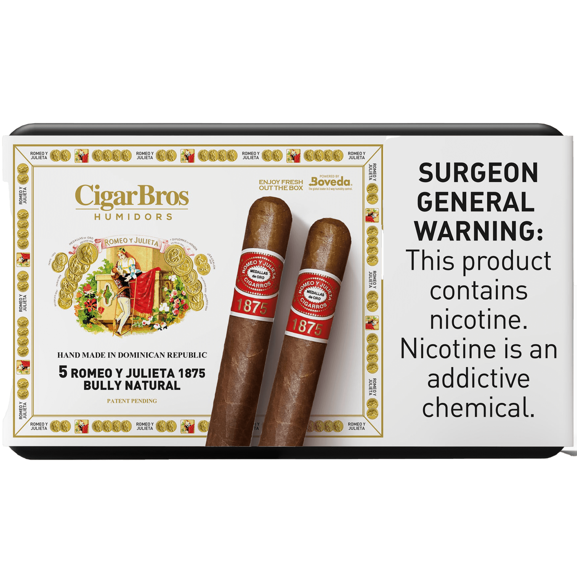 Pack of 5 Romeo y Julieta 1875 cigars by CigarBros with warning about nicotine and addictive chemicals.