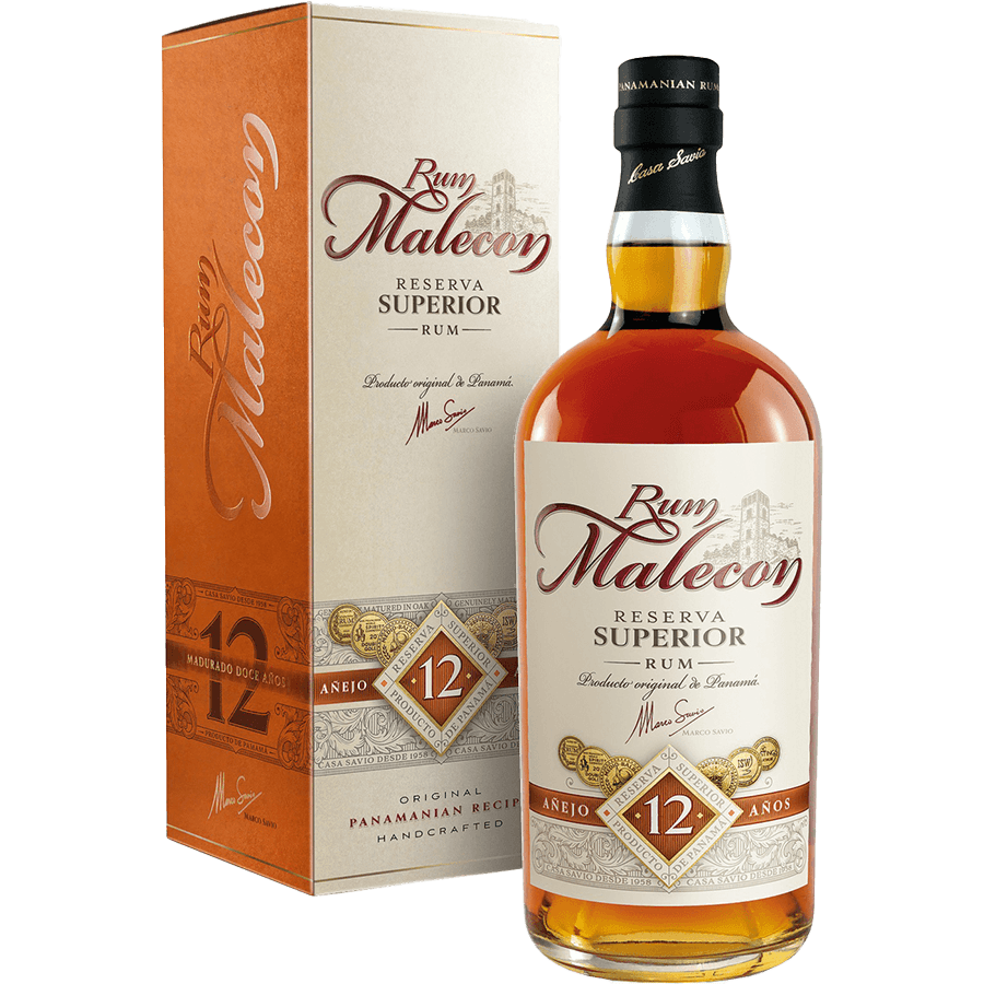 Malecon Reserva Superior 12 Year Rum bottle and box featuring tropical fruit, vanilla, and oak notes.