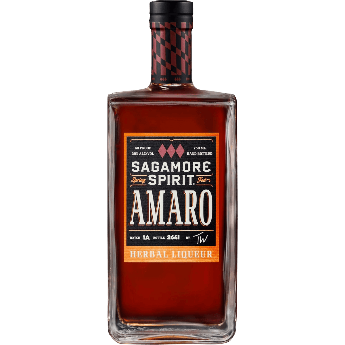 Sagamore Spirit Amaro Herbal Liqueur bottle featuring a rich amber color and distinctive label design.