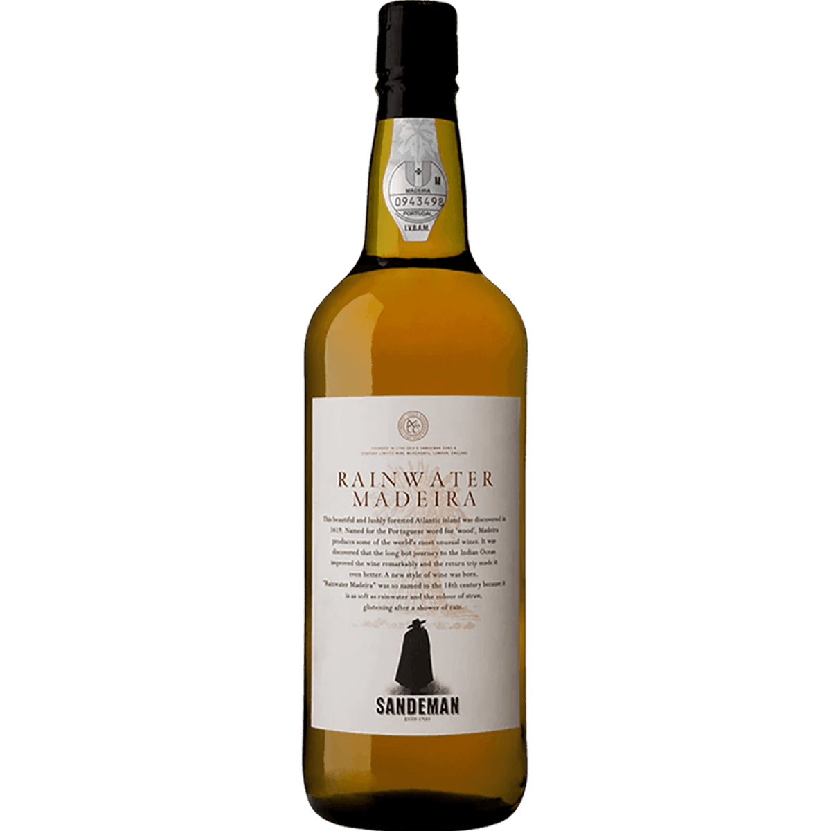 Bottle of Sandeman Madeira Rainwater wine, showcasing its elegant label and rich golden color.