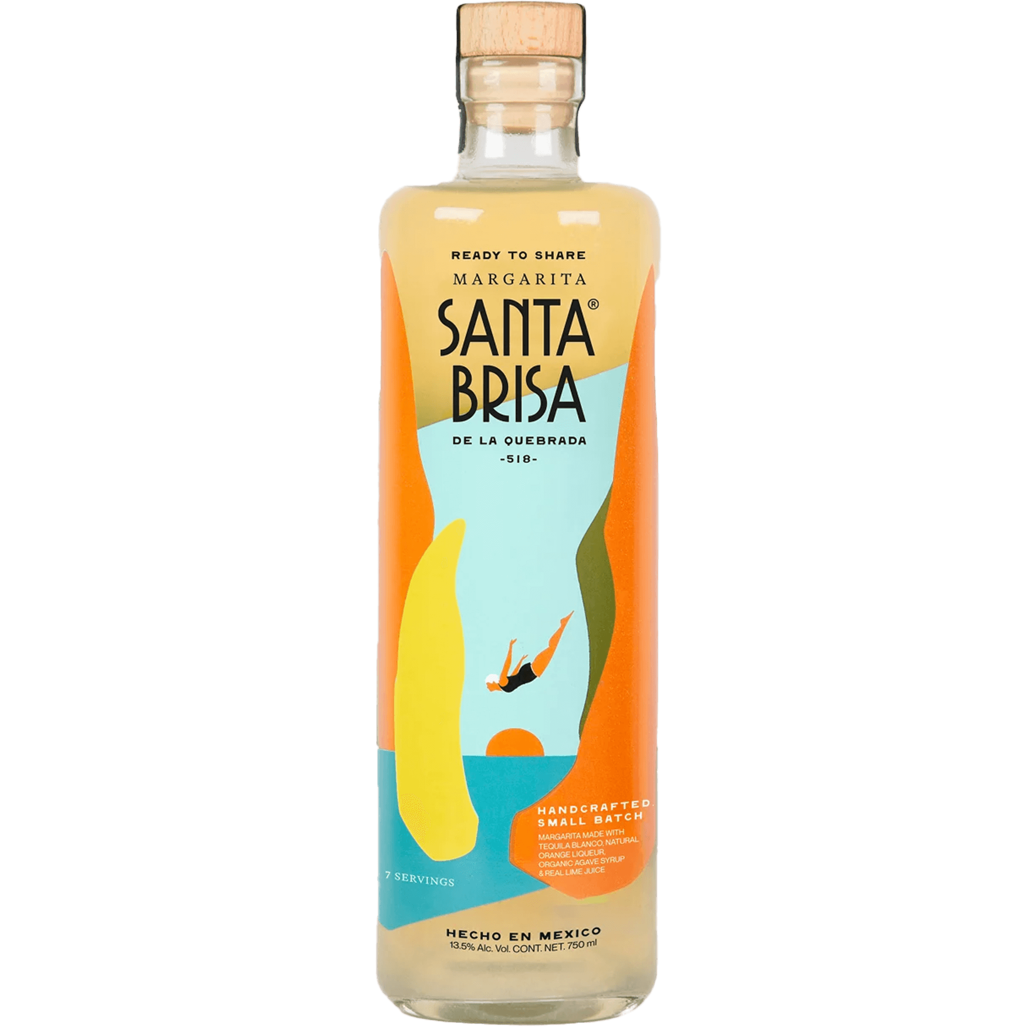 Santa Brisa Margarita cocktail bottle, handcrafted in Mexico, 13.5% ABV, vibrant citrus flavors from agave and liqueur.