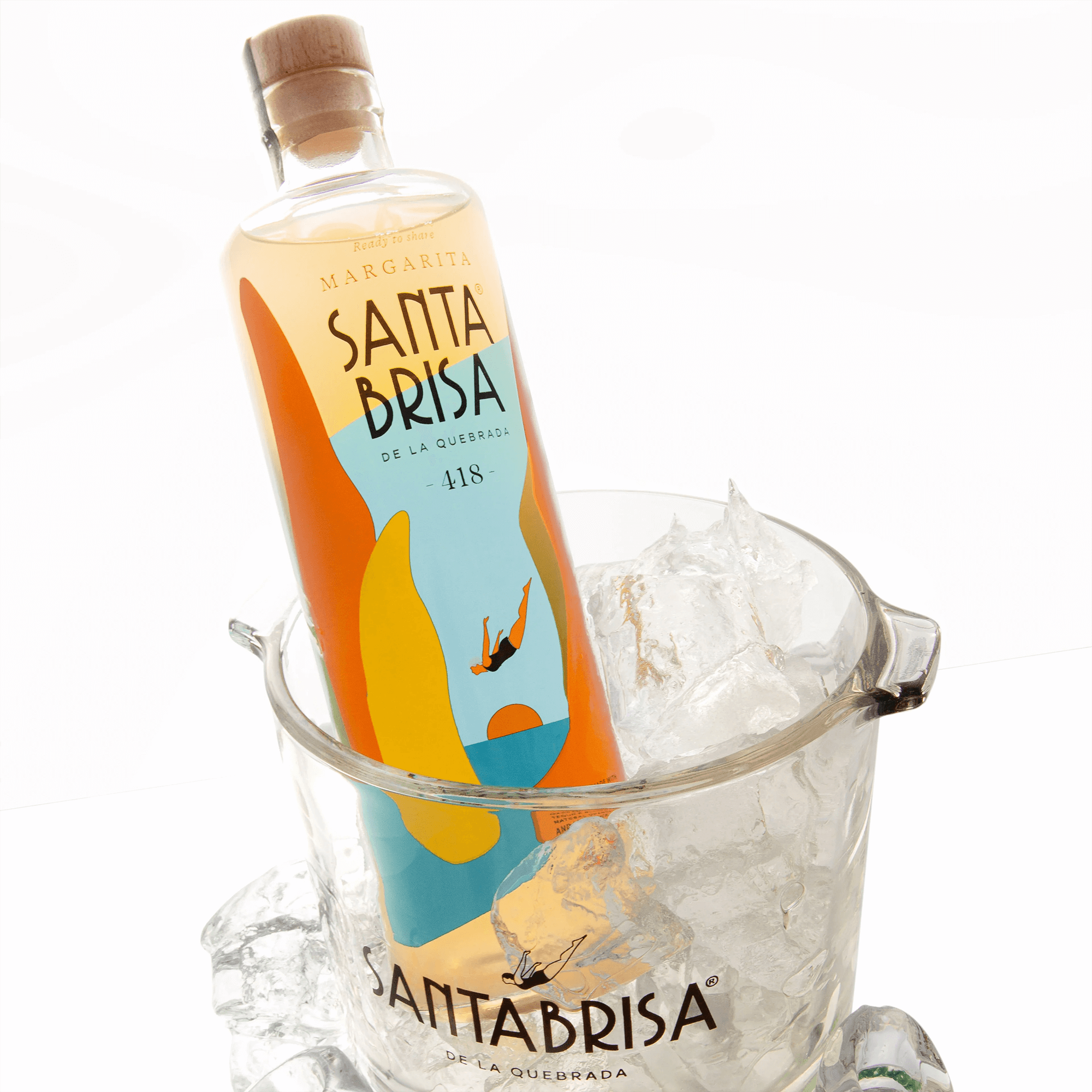 Santa Brisa Margarita cocktail in ice bucket, showcasing its vibrant bottle design and refreshing essence of Mexico.
