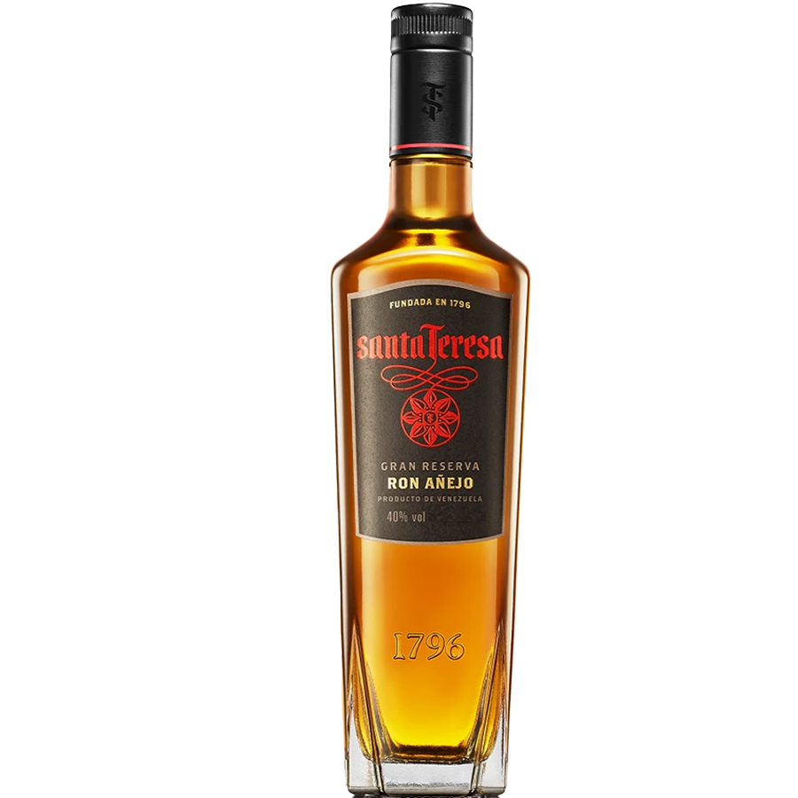 Santa Teresa Gran Reserva Ron Añejo bottle showcasing its elegant design and deep amber color, crafted in Venezuela.