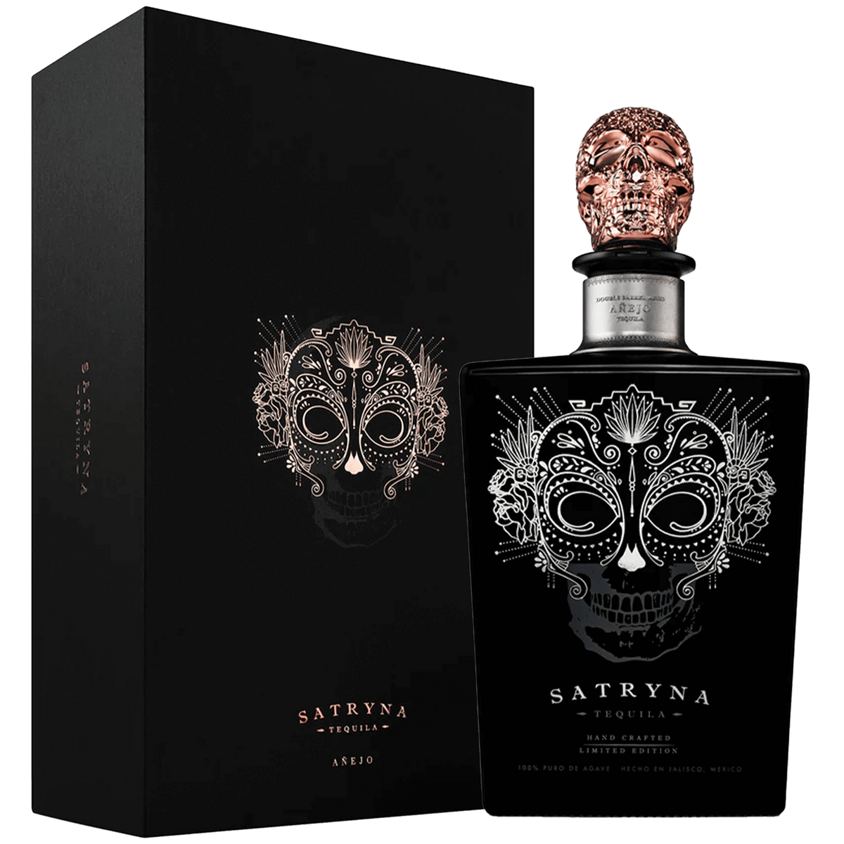 Satryna Añejo Tequila bottle with decorative skull cap and elegant box, showcasing its premium quality.