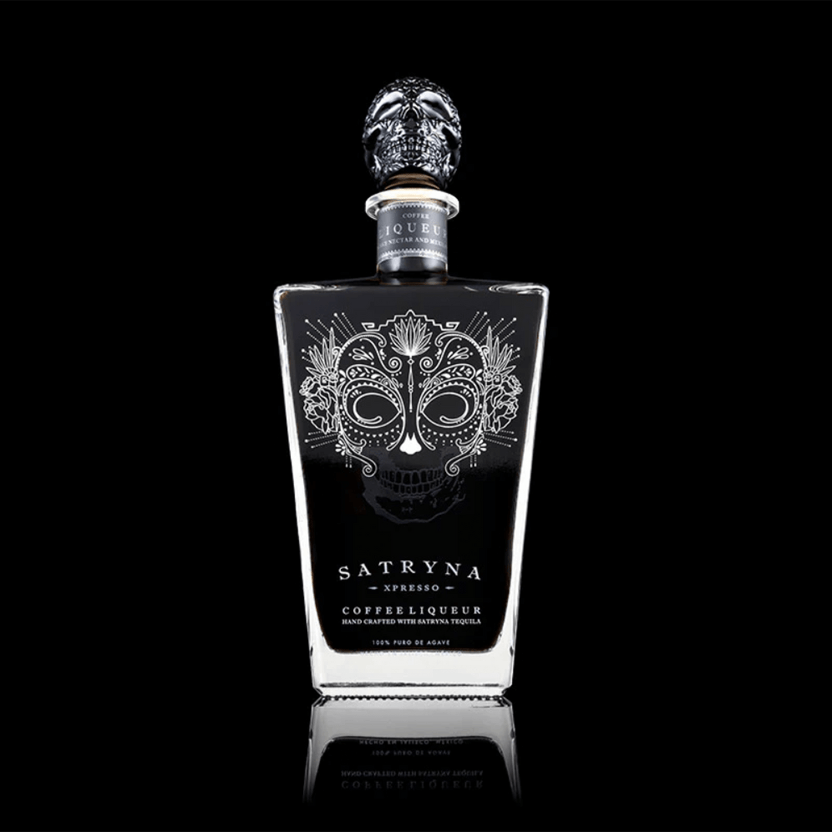Satryna Xpresso Coffee Tequila Liqueur bottle with ornate skull design, showcasing premium coffee and tequila blend.