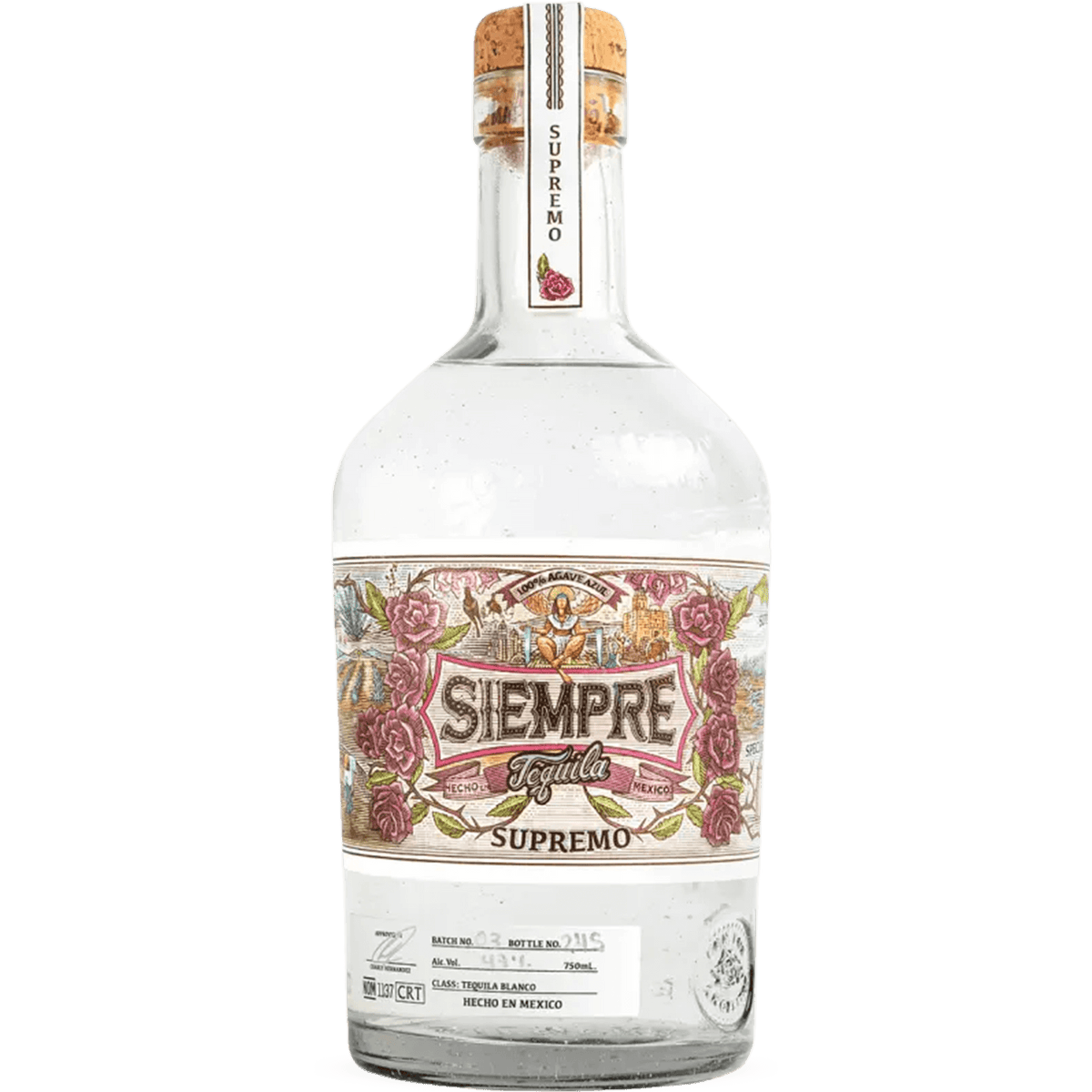 Siempre Supremo Tequila Blanco bottle showcasing intricate label design and premium quality tequila.