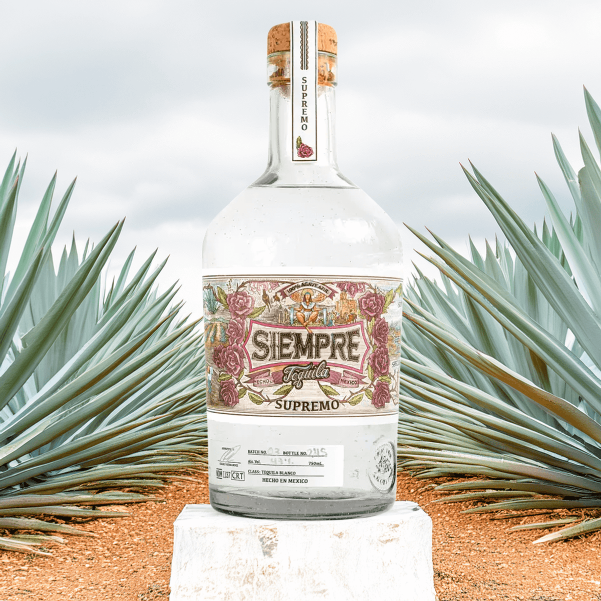 Siempre Supremo Tequila Blanco bottle surrounded by agave plants, showcasing premium distillation and craftsmanship.