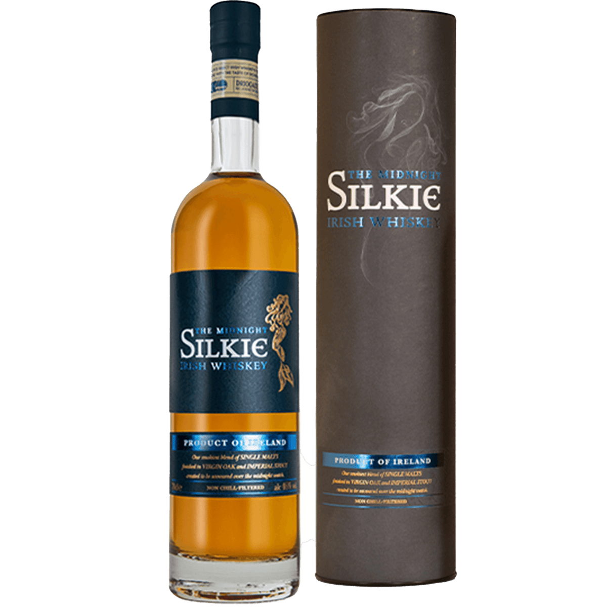Bottle of The Midnight Silkie Irish Whiskey, featuring a rich, smoky blend of triple distilled single malts.