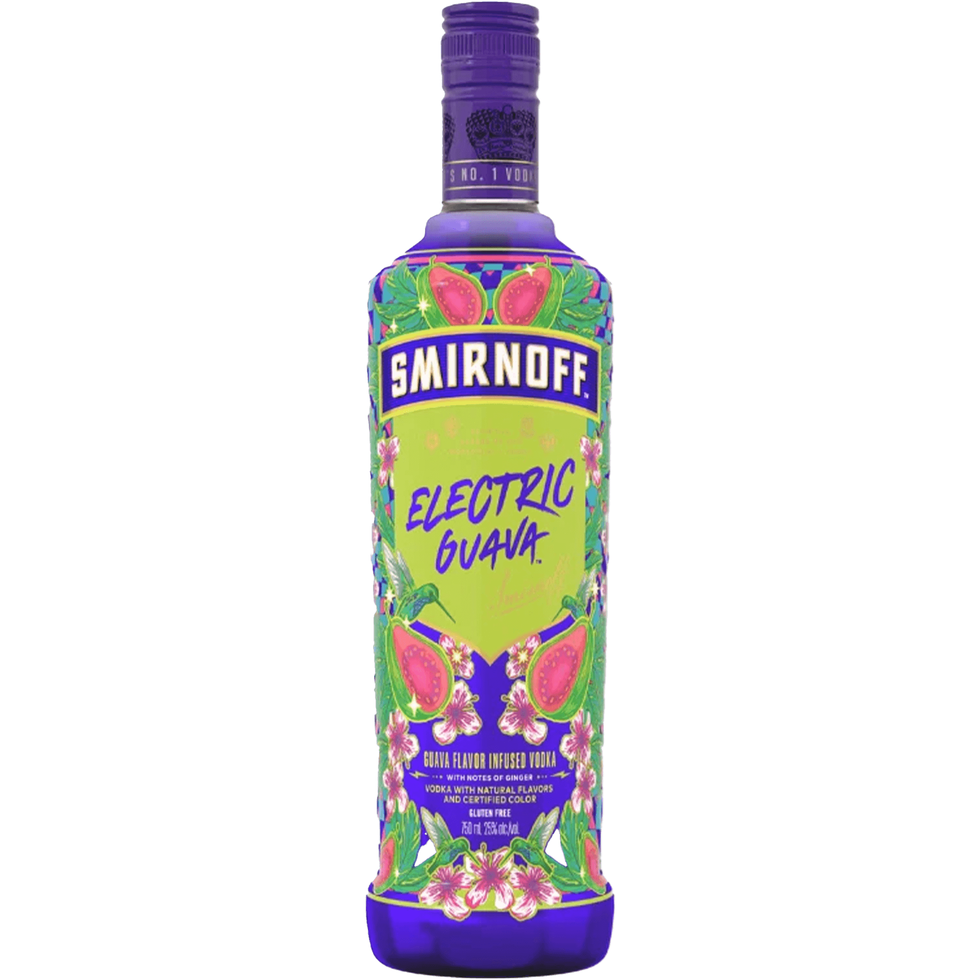 Smirnoff Electric Guava vodka bottle with vibrant green and purple design, featuring juicy guava and ginger flavors.