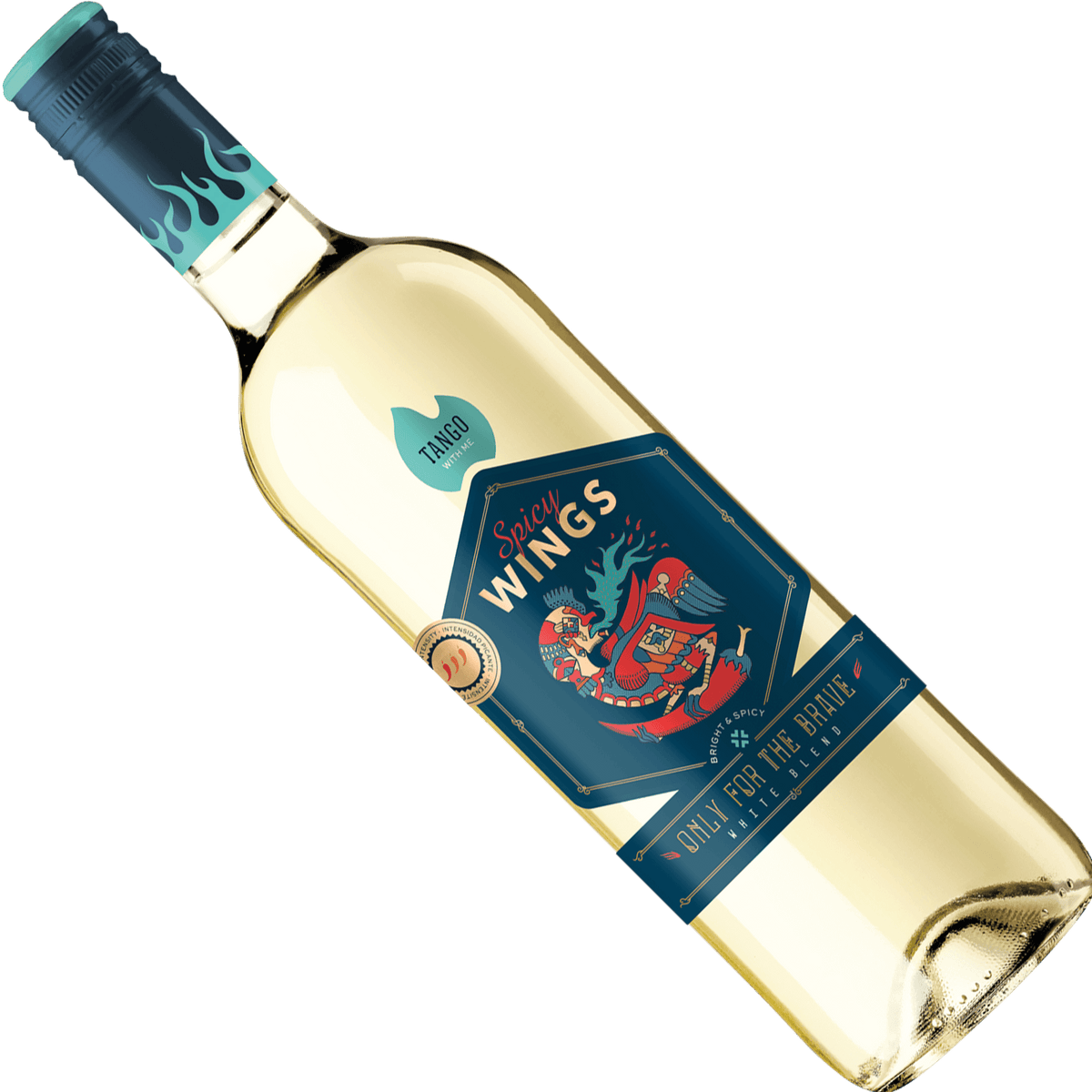 Spicy Wings White Blend 'Tango With Me' white wine bottle featuring bold label design and vibrant colors.