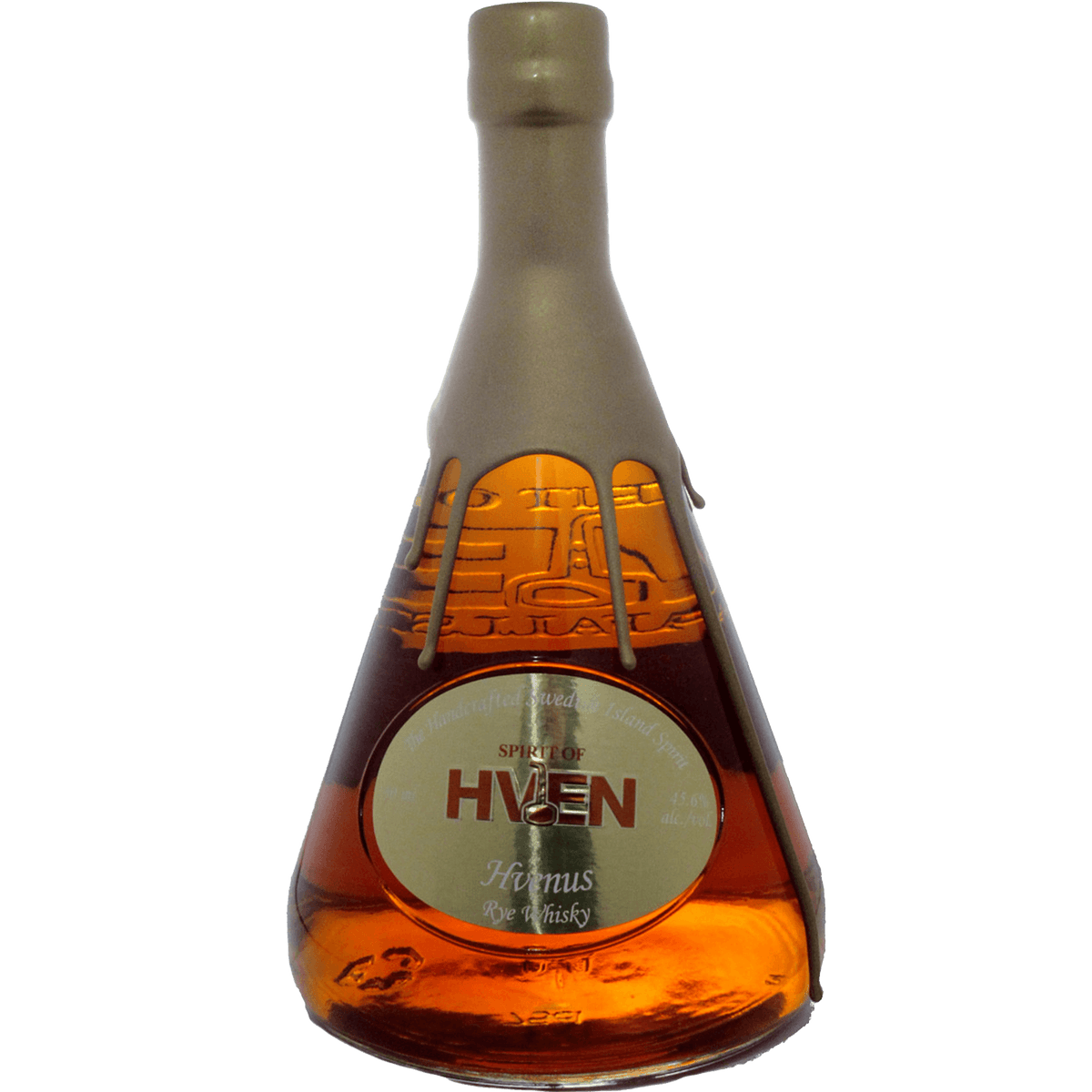 Bottle of Spirit of Hven Hvenus Rye Whisky showcasing its unique shape and rich amber color.