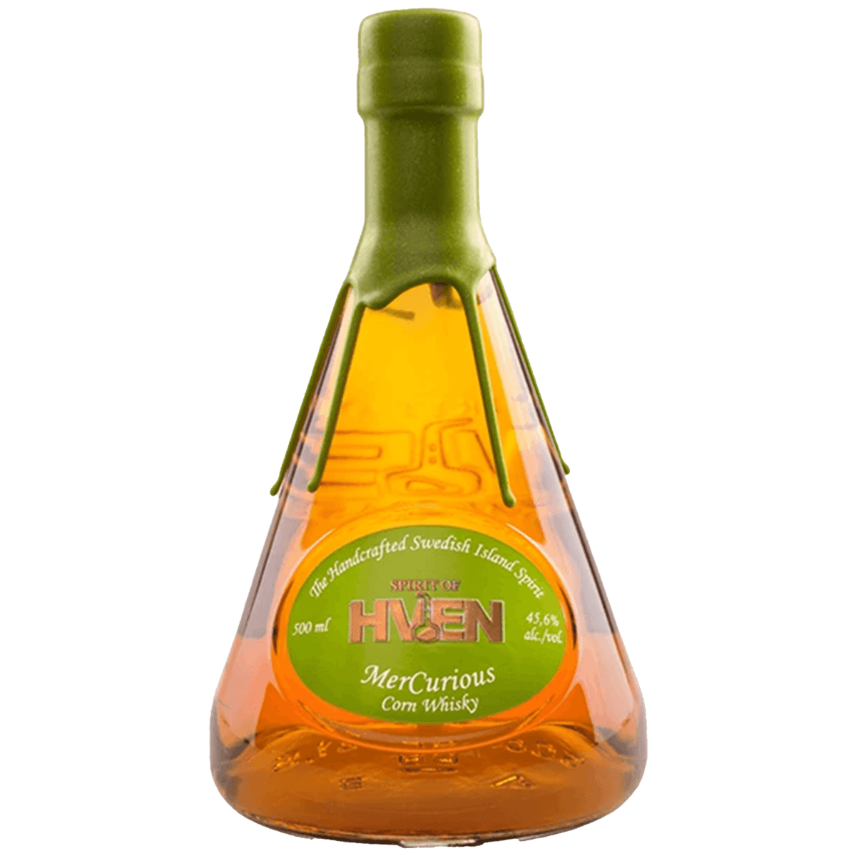 Bottle of Spirit of Hven MerCurious Corn Whisky showcasing its unique design and vibrant amber color.