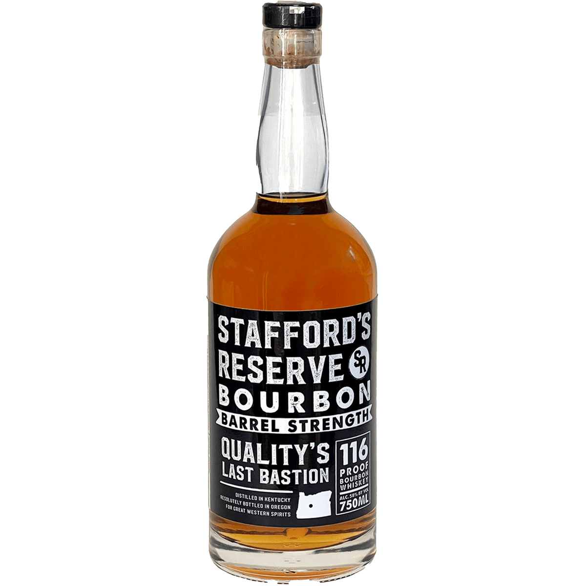 Stafford's Reserve Barrel Strength Bourbon bottle featuring a rich amber color and a bold label stating 116 proof.