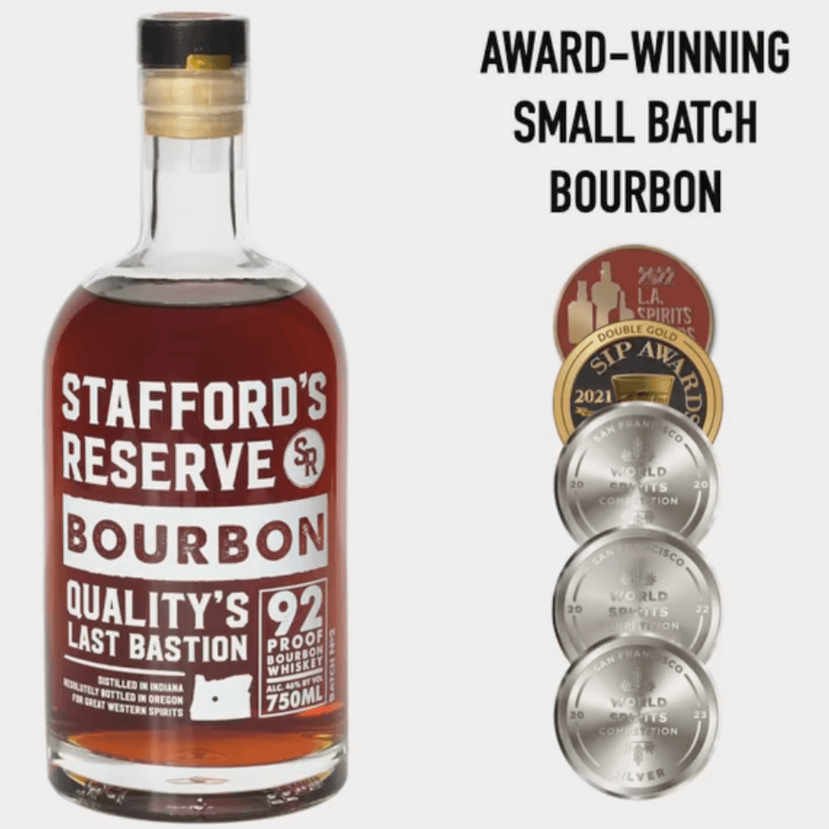 Stafford's Reserve Bourbon bottle showcasing awards and medals for quality and taste, highlighting 92 proof craftsmanship.